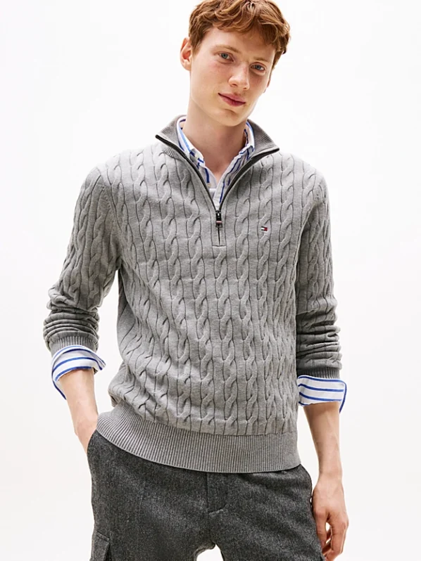 Tommy Hilfiger Kabelstrik m. Halv lynlås | Classic Cotten Cable