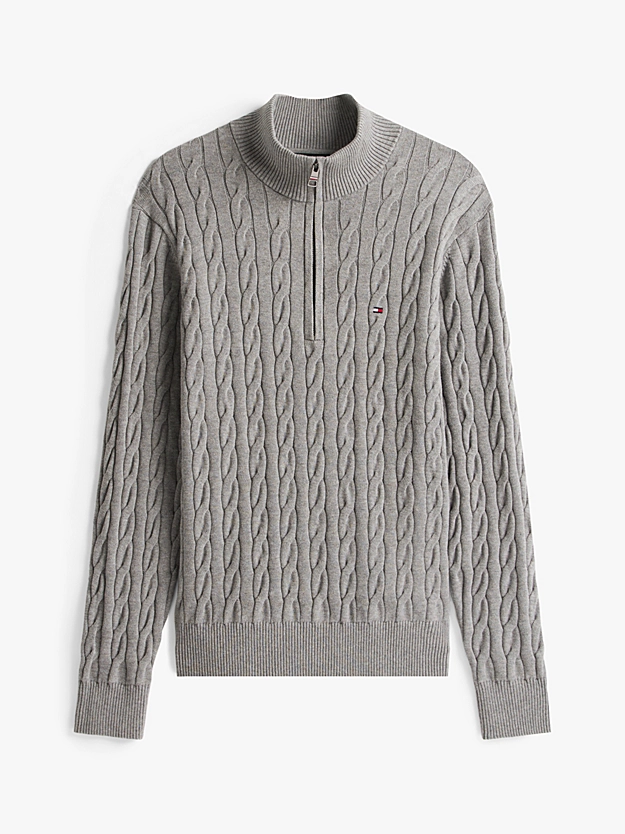 Kabelstriktr&oslash;je med Kvart Lynl&aring;s | Tommy Hilfiger - Medium Grey Heather