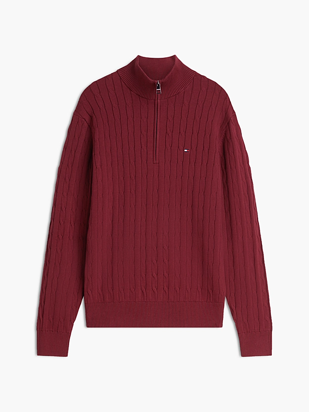 Kabelstriktr&oslash;je med Kvart Lynl&aring;s | Tommy Hilfiger - Burgundy